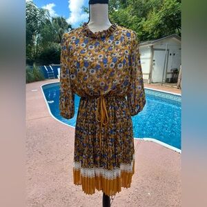 Floral Print Dress with Blue and Brown Accents